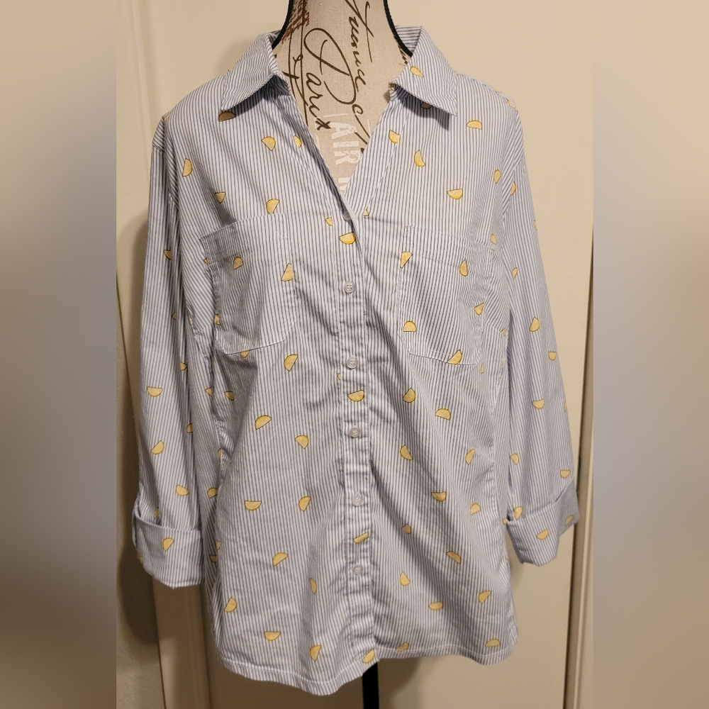 Emily Daniels Striped Lemon Print‎ Button Down Shirt Womens XL